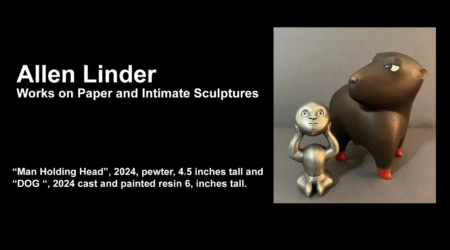 Two sculptures: a pewter figure holding a head, and a painted resin dog. They are works by Allen Linder.